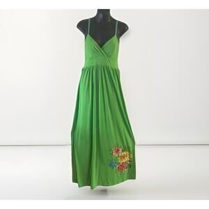 Women Small Green Floral Embroidered Babydoll Maxi Tank Dress Y2K FairyGrunge